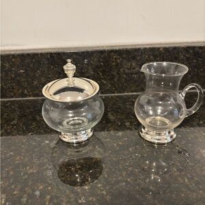 Vintage Silver-plated and Glass Lidded Sugar Bowl and Creamer Pitcher